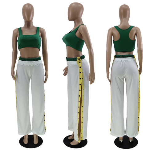 Tank top Casual two-piece set with side button open wide leg pants+Tank top