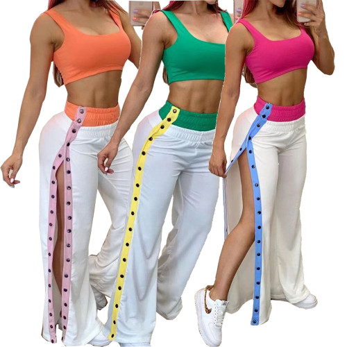 Tank top Casual two-piece set with side button open wide leg pants+Tank top
