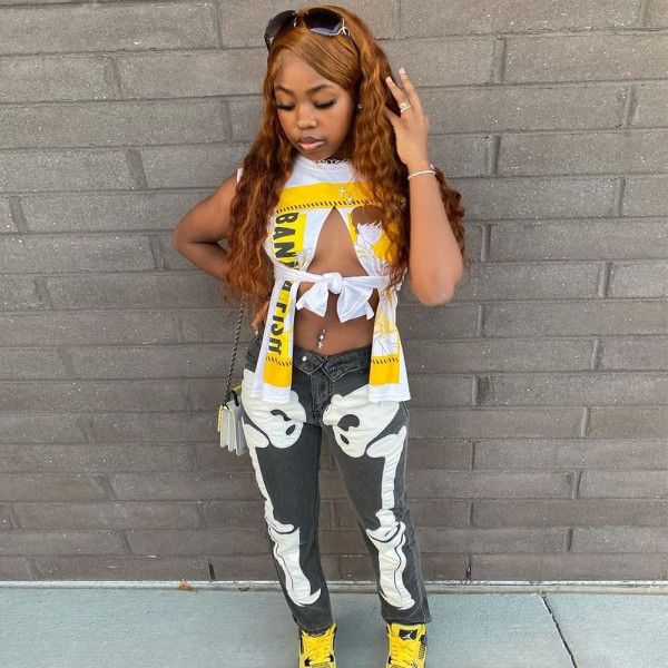 Personalized Open Umbilical Print Cut Out Irregular T-shirt Top