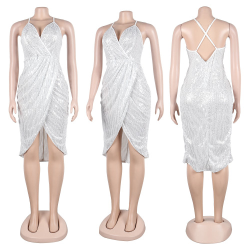 Sexy Beaded Sling Split Dress Nightclub Dress