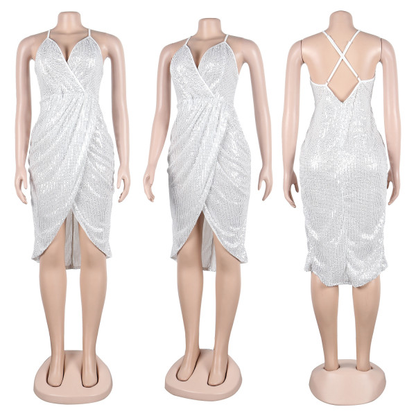 Sexy Beaded Sling Split Dress Nightclub Dress