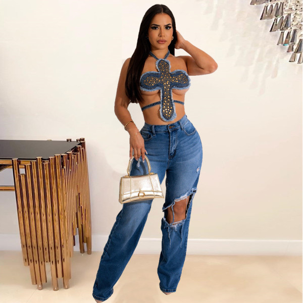 Individualized trend tassel open back lace up hot diamond denim wrap chest