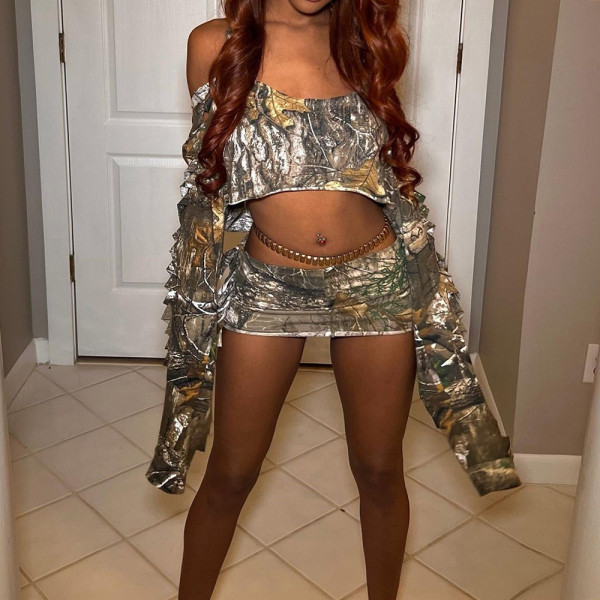 Open Umbilical Broken Hole Tassel Camo Dress Set