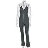 Sexy Open Back Lace Up Zipper Denim Jumpsuit
