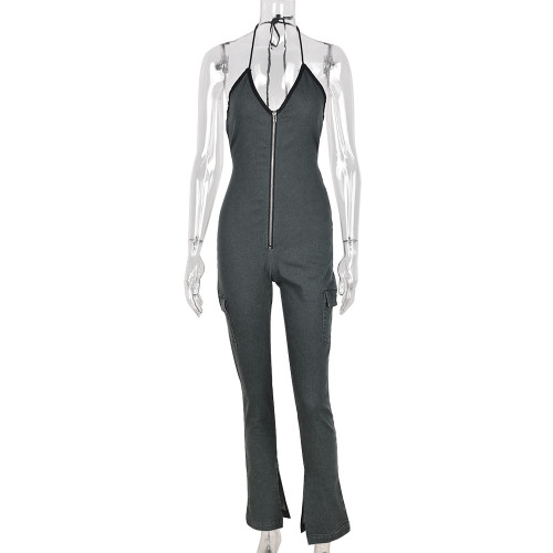 Sexy Open Back Lace Up Zipper Denim Jumpsuit