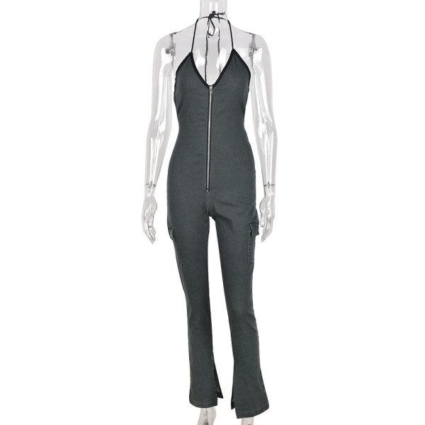 Sexy Open Back Lace Up Zipper Denim Jumpsuit