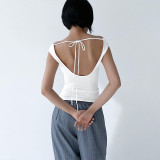 Solid Swing Neck Sleeveless Open Back Lace Up Sexy Tank Top T-shirt