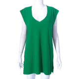Sleeveless Deep V-Neck Long Loose Split Tee Top
