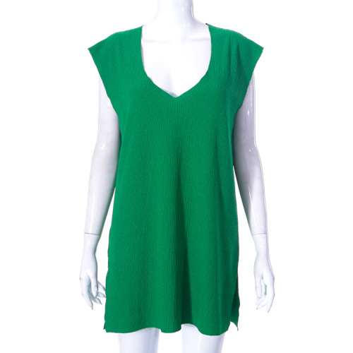Sleeveless Deep V-Neck Long Loose Split Tee Top