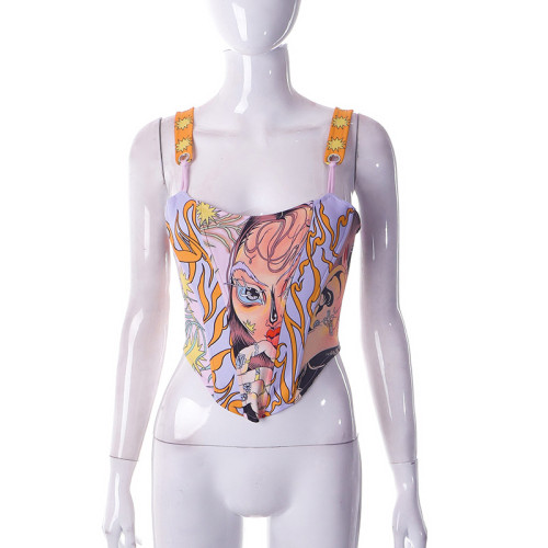 Fashion Print INS Trendy Waist Strap Tank Top