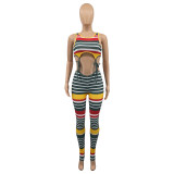 Striped Rib Lace Up Jumpsuit