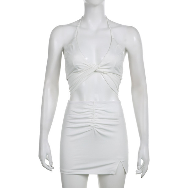 Solid Twisted Neck Strap Open Back Ultra Short Open Umbilical Top High Waist Pleated Wrapped Hip Skirt Two Piece Set