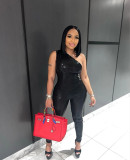 Large Women's Sexy One Shoulder Gilded Faux Leather Jumpsuit