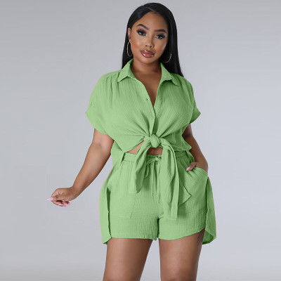 Casual Solid Split Short Sleeve Shorts Set