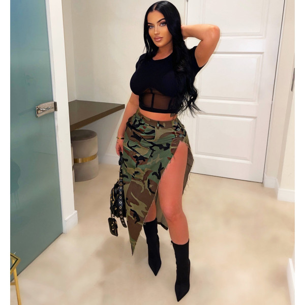 Women's camouflage denim personalized fur hem skirt camouflage denim skirt