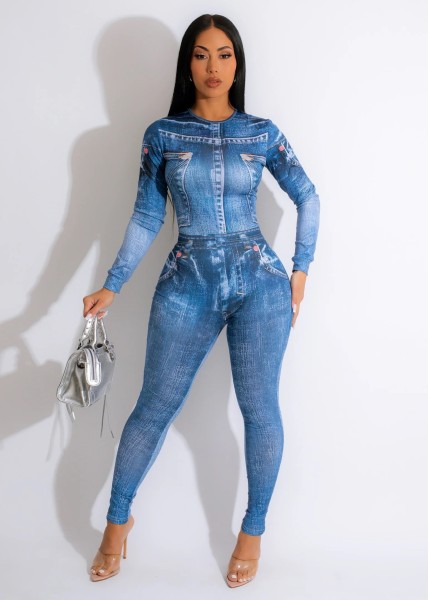 Women's Fashion Sexy Shaping Elastic Stereoscopic Denim Print Spring/Summer Casual 2PK Set