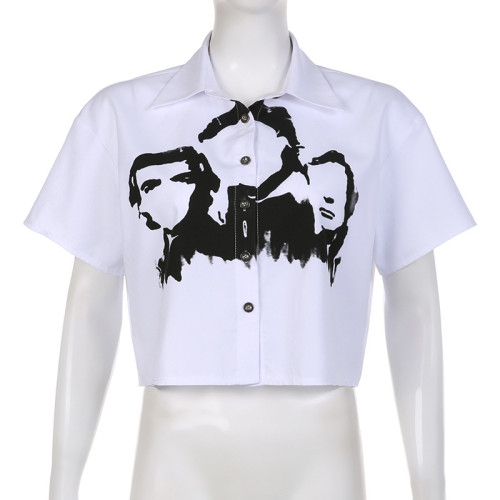 Fashion Trend Women's Abstract Face Print Polo Short Sleeve Button Loose Short Shirt