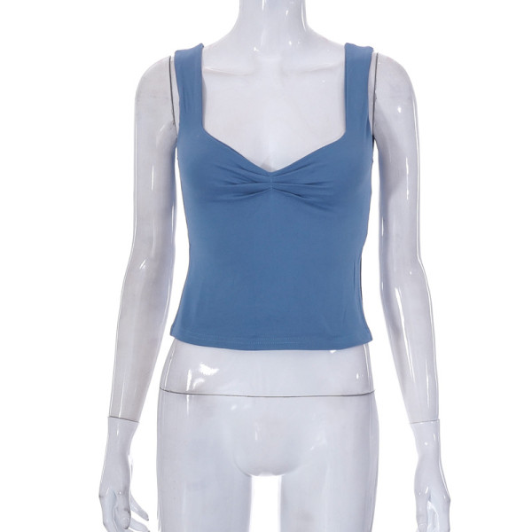Solid Square Neck Strap Pleated Open Back Tank Top T-shirt