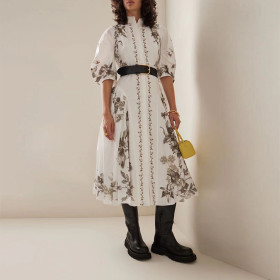 Round neck middle sleeve lace up waist design medium length women's floral print dress
