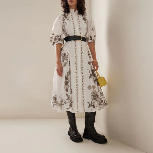 Round neck middle sleeve lace up waist design medium length women's floral print dress