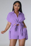 Casual Solid Split Short Sleeve Shorts Set