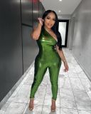 Large Women's Sexy One Shoulder Gilded Faux Leather Jumpsuit