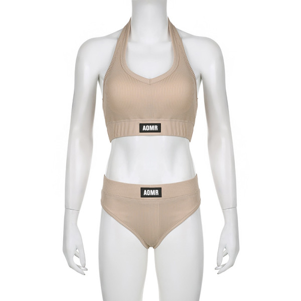 Solid Knitted Simple Personality V-Neck Pullover Ultra Short Tank Top High Waist briefs Bra Two Piece Set