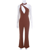 Sleeveless hanging neck diagonal shoulder jumpsuit pants