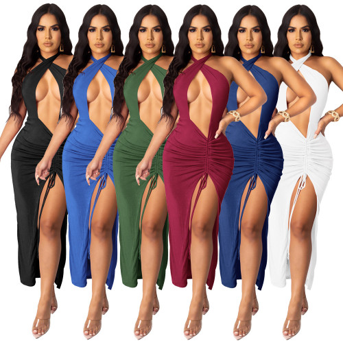 Sexy Hanging Neck Open Back Split Evening Dress Wrapped Hip Fashion Nightclub Dress