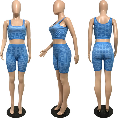 Women's elastic knitted printed suit sports vest two-piece set