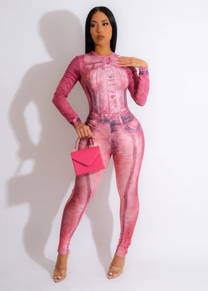 Women's Fashion Sexy Shaping Elastic Stereoscopic Denim Print Spring/Summer Casual 2PK Set