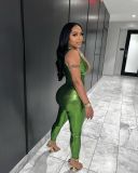 Large Women's Sexy One Shoulder Gilded Faux Leather Jumpsuit