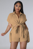 Casual Solid Split Short Sleeve Shorts Set