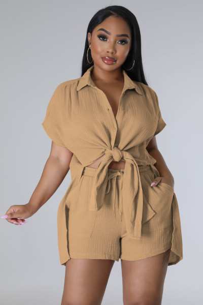 Casual Solid Split Short Sleeve Shorts Set