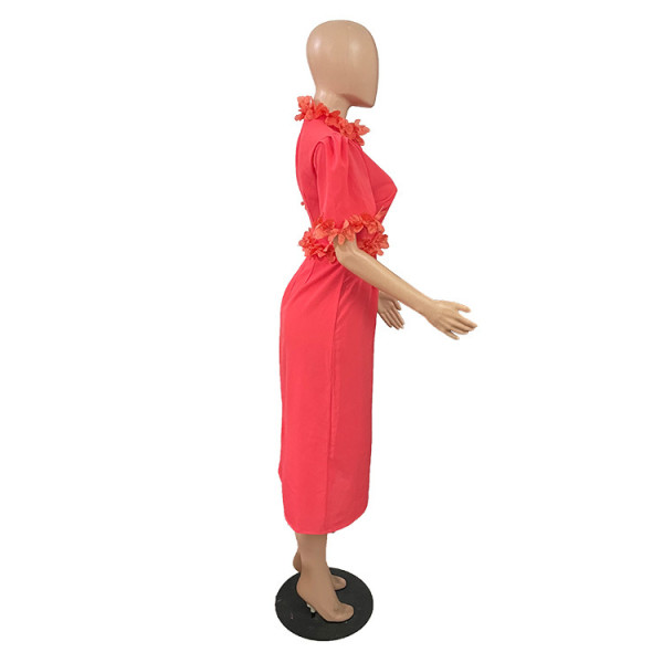 Lace Dress Medium Sleeve Long Bubble Sleeve Modified Slim Fit Cheongsam Dress
