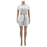 Casual Solid Split Short Sleeve Shorts Set