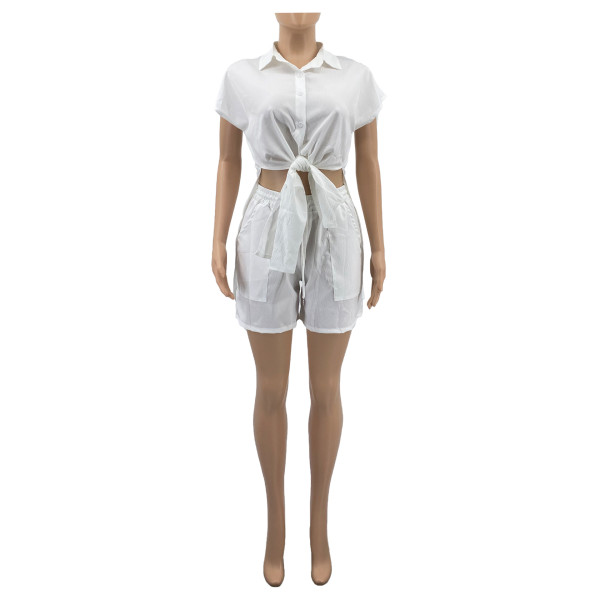 Casual Solid Split Short Sleeve Shorts Set
