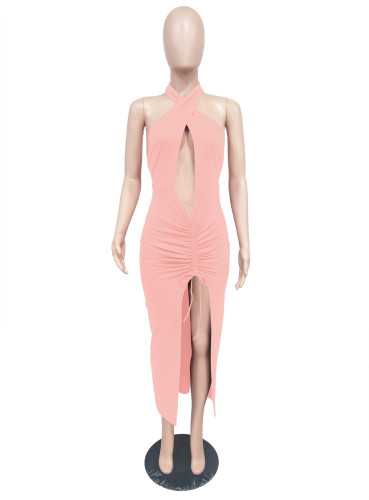 Sexy Hanging Neck Open Back Split Evening Dress Wrapped Hip Fashion Nightclub Dress