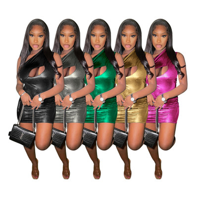 Sexy Slim Fit Imitation Leather Stamping Wrapped Hip Cut Out Dress