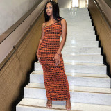 Patchwork Oblique Shoulder Sleeveless Dress Long Dress