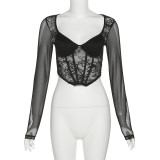 Women's Fashion V-Neck Sexy Mesh Panel Lace Underlay T-shirt
