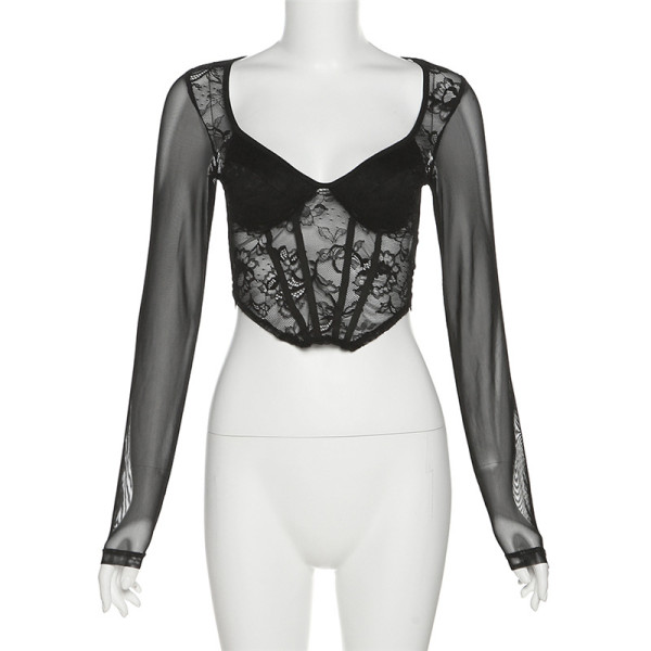 Women's Fashion V-Neck Sexy Mesh Panel Lace Underlay T-shirt