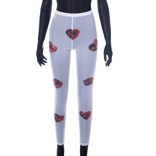High Waist Mesh Perspective Casual Love Print Slim Fit Casual Pants