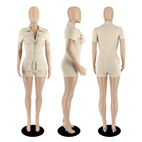 Zip pocket solid color work suit