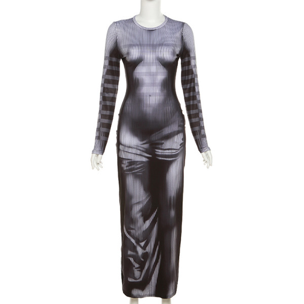 Sexy Long Sleeve Print High Waist Slim Fit Slim Long Dress