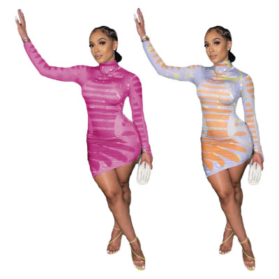 Printed Diagonal Skirt Round Neck Long Sleeve Tight Wrapped Hip Dress