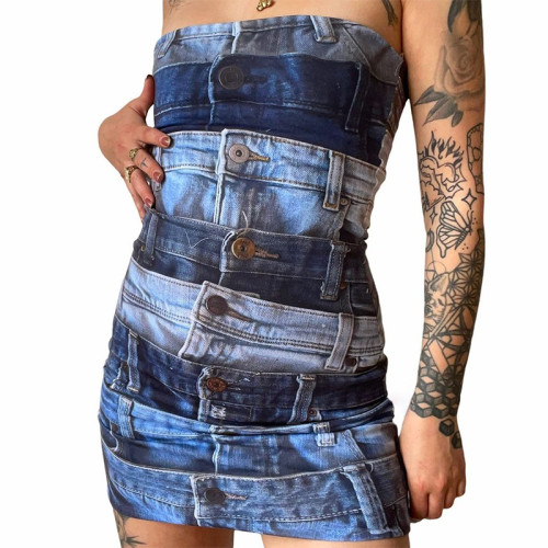 Fashion Print Personalized Slim Fit Open Back Bra Wrap Hip Dress