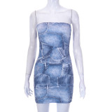 Denim Print Off Shoulder Street Casual Wrap Hip Dress