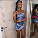 Denim Print Off Shoulder Street Casual Wrap Hip Dress