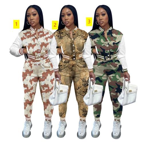 Single breasted long sleeve threaded sweater fabric bomber camouflage jacket set